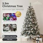 Christabelle 2.3m 7.5ft Alpine Snow Christmas Tree Pre Lit Multi Function LED Flocked Pine Cones Hinged Branches Home