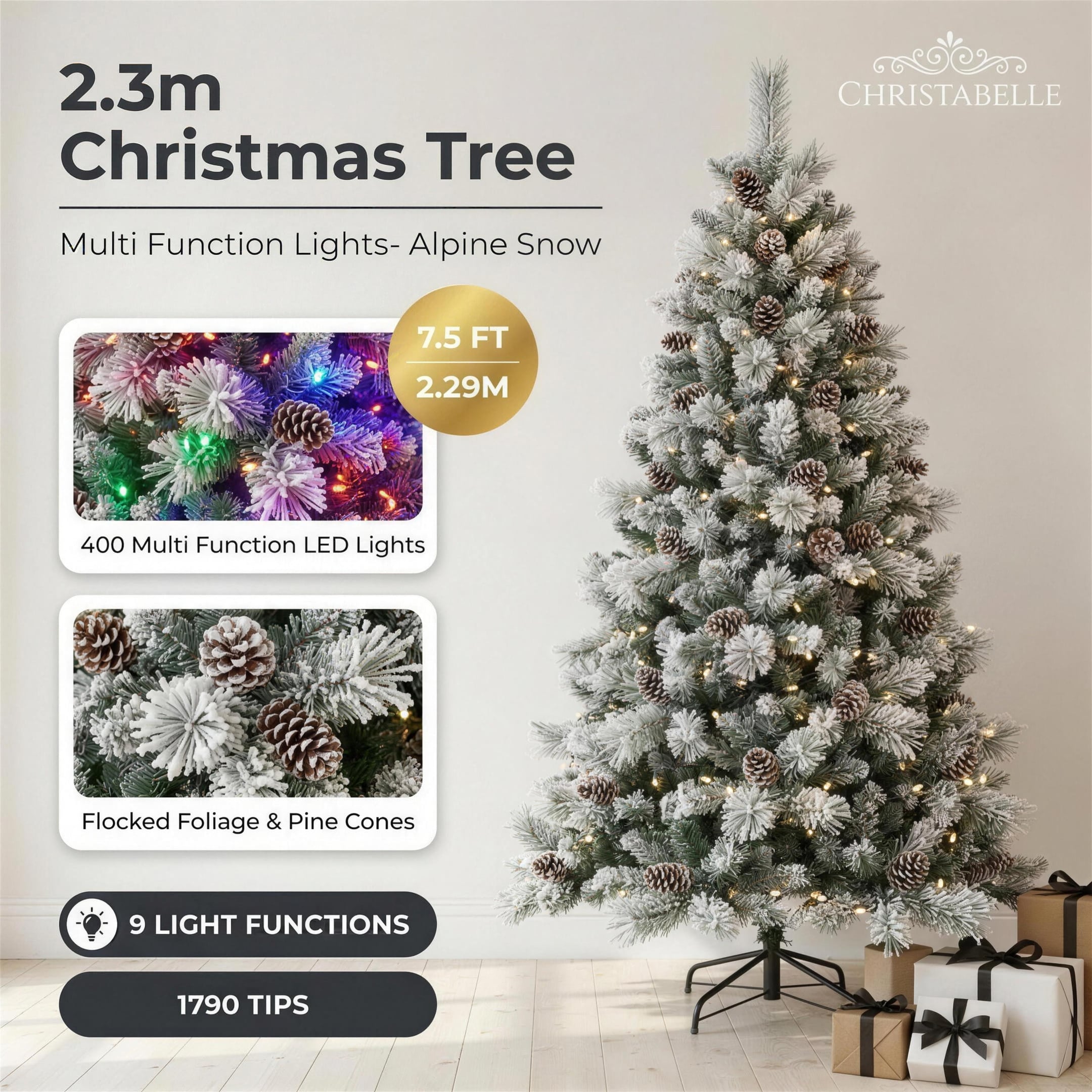 Christabelle 2.3m 7.5ft Alpine Snow Christmas Tree Pre Lit Multi Function LED Flocked Pine Cones Hinged Branches Home