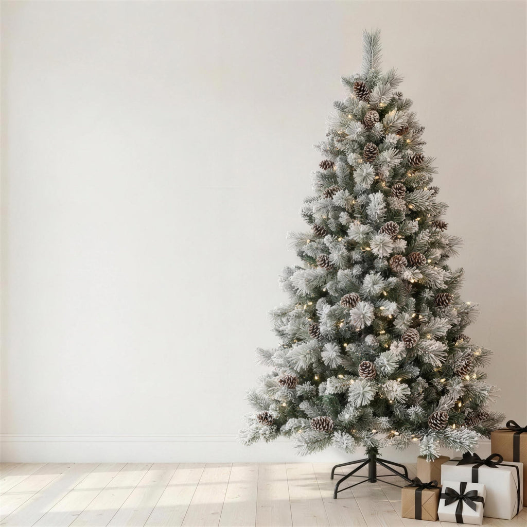 Christabelle 2.3m 7.5ft Alpine Snow Christmas Tree Pre Lit Multi Function LED Flocked Pine Cones Hinged Branches Home