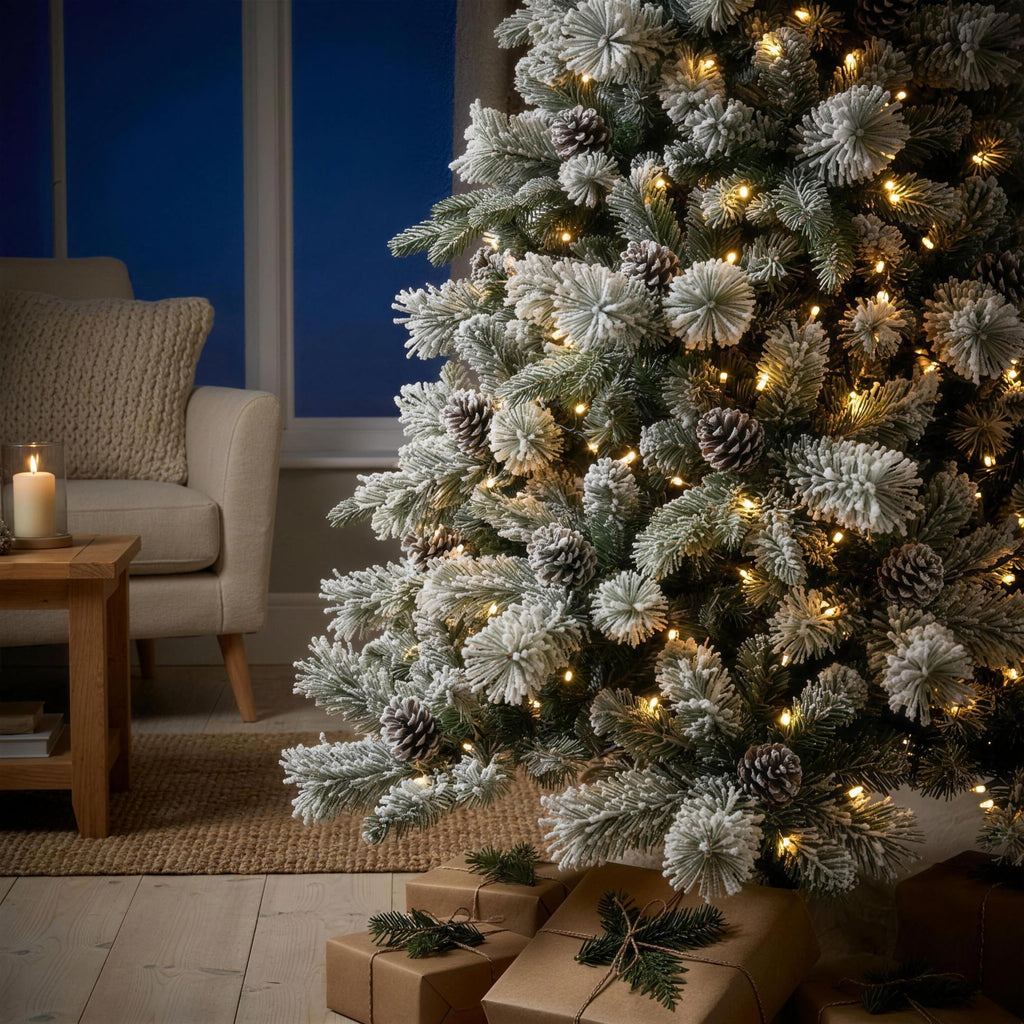 Christabelle 2.3m 7.5ft Alpine Snow Christmas Tree Pre Lit Multi Function LED Flocked Pine Cones Hinged Branches Home