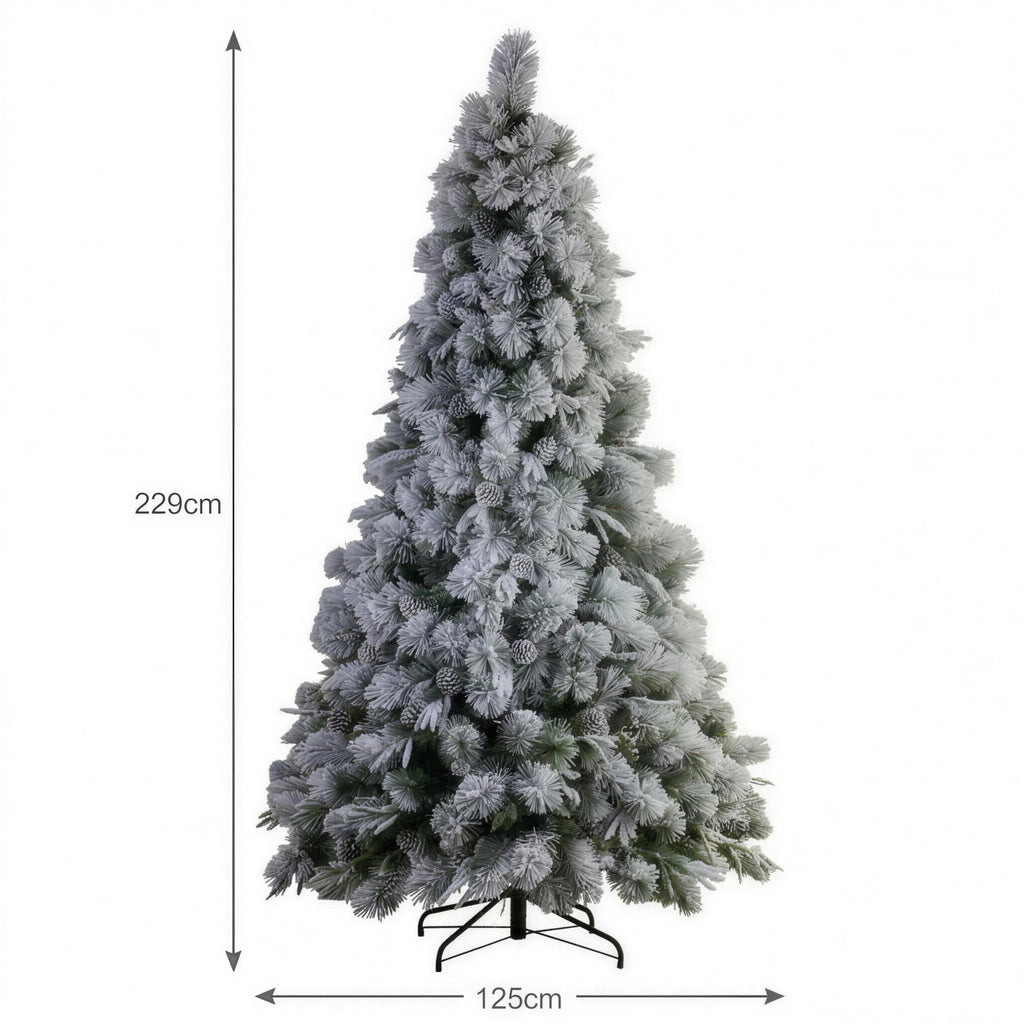 Christabelle 2.3m 7.5ft Alpine Snow Christmas Tree Pre Lit Multi Function LED Flocked Pine Cones Hinged Branches Home
