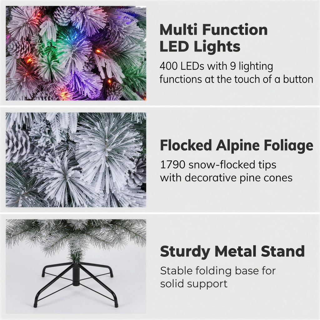 Christabelle 2.3m 7.5ft Alpine Snow Christmas Tree Pre Lit Multi Function LED Flocked Pine Cones Hinged Branches Home