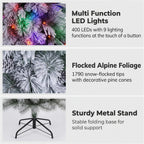 Christabelle 2.3m 7.5ft Alpine Snow Christmas Tree Pre Lit Multi Function LED Flocked Pine Cones Hinged Branches Home
