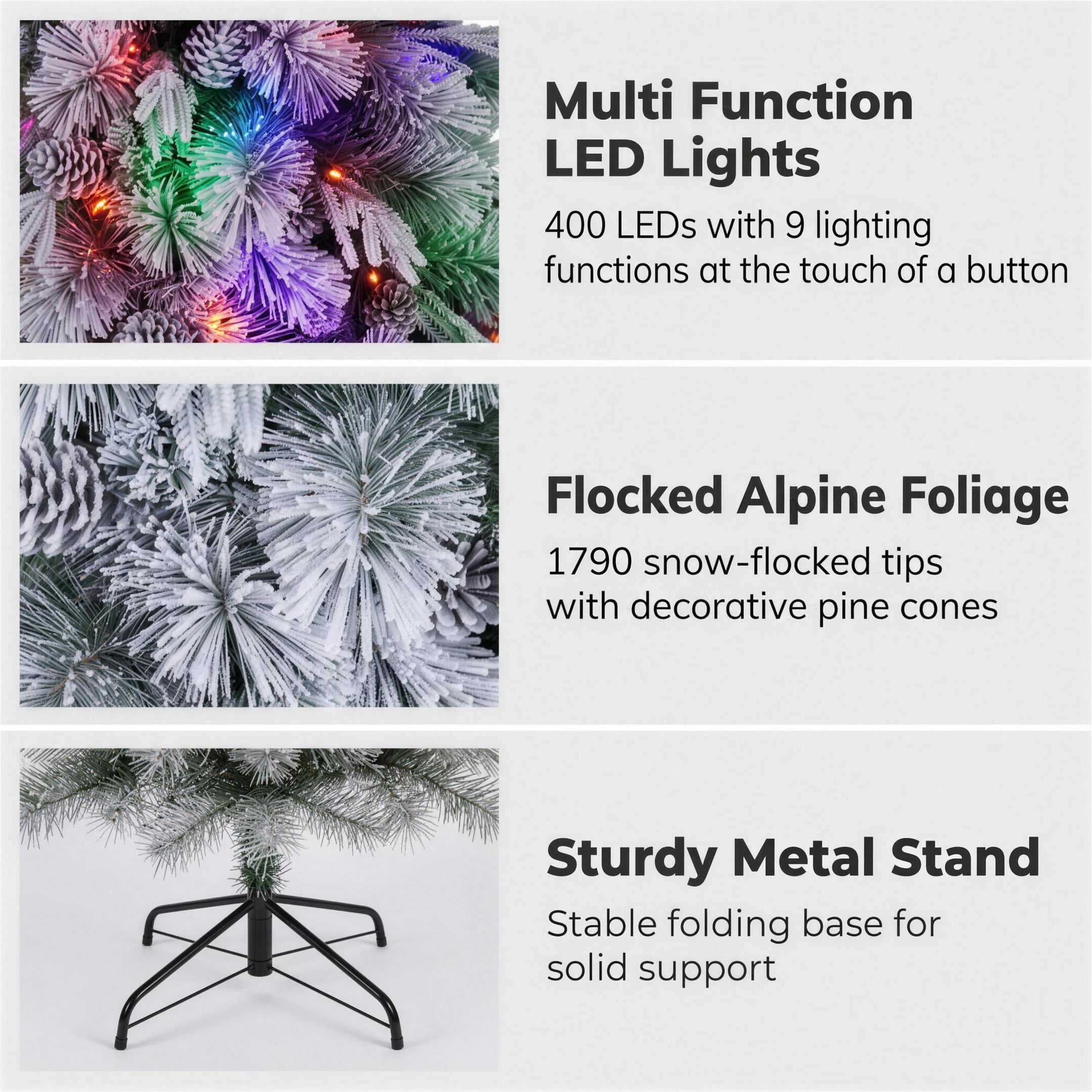 Christabelle 2.3m 7.5ft Alpine Snow Christmas Tree Pre Lit Multi Function LED Flocked Pine Cones Hinged Branches Home