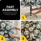 Christabelle 2.3m 7.5ft Alpine Snow Christmas Tree Pre Lit Multi Function LED Flocked Pine Cones Hinged Branches Home