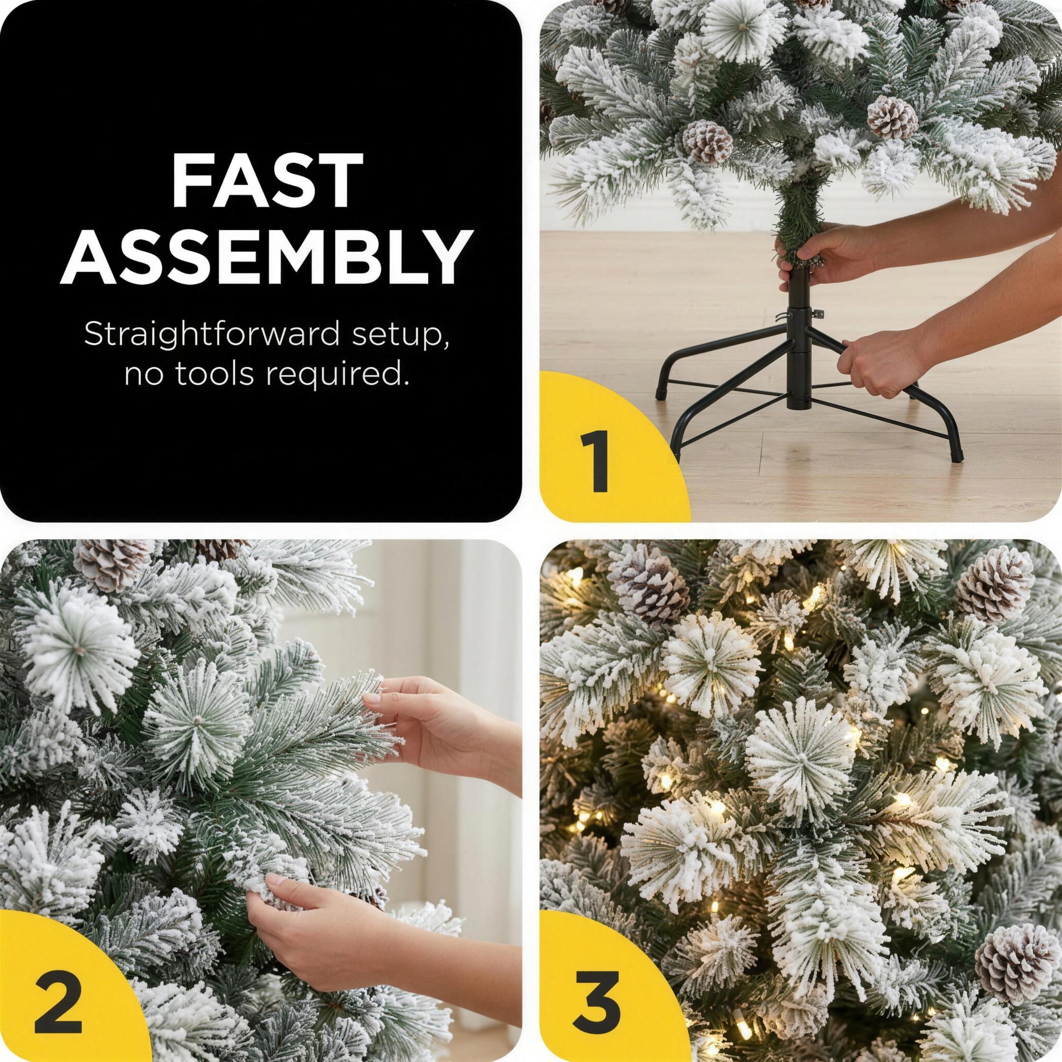 Christabelle 2.3m 7.5ft Alpine Snow Christmas Tree Pre Lit Multi Function LED Flocked Pine Cones Hinged Branches Home