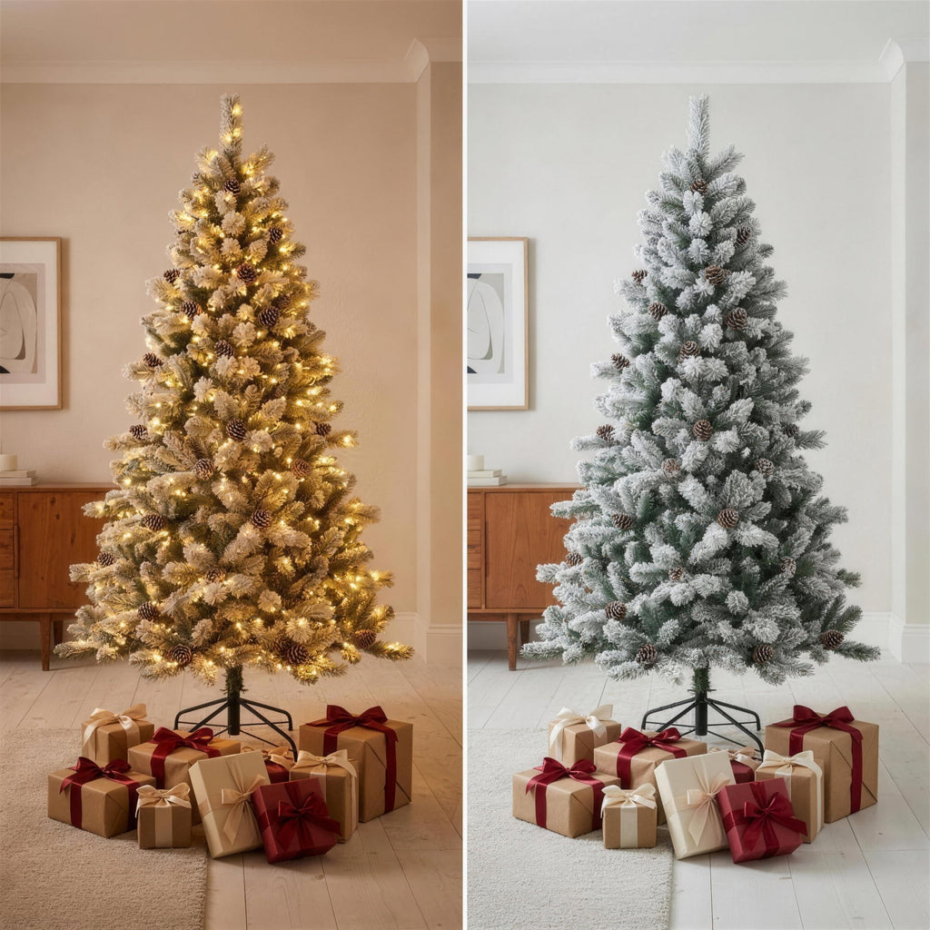Christabelle 2.3m 7.5ft Alpine Snow Christmas Tree Pre Lit Multi Function LED Flocked Pine Cones Hinged Branches Home