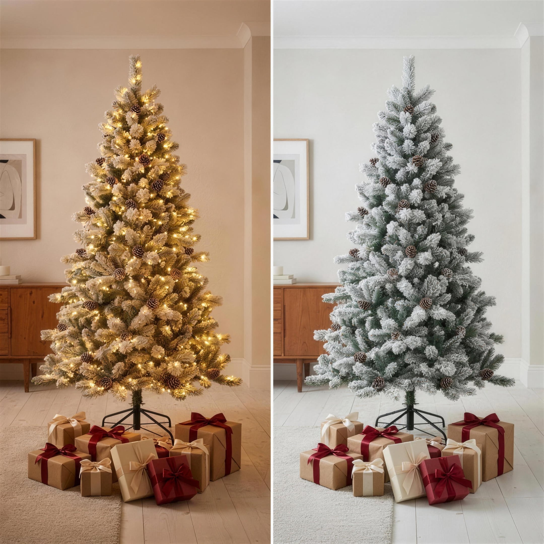 Christabelle 2.3m 7.5ft Alpine Snow Christmas Tree Pre Lit Multi Function LED Flocked Pine Cones Hinged Branches Home