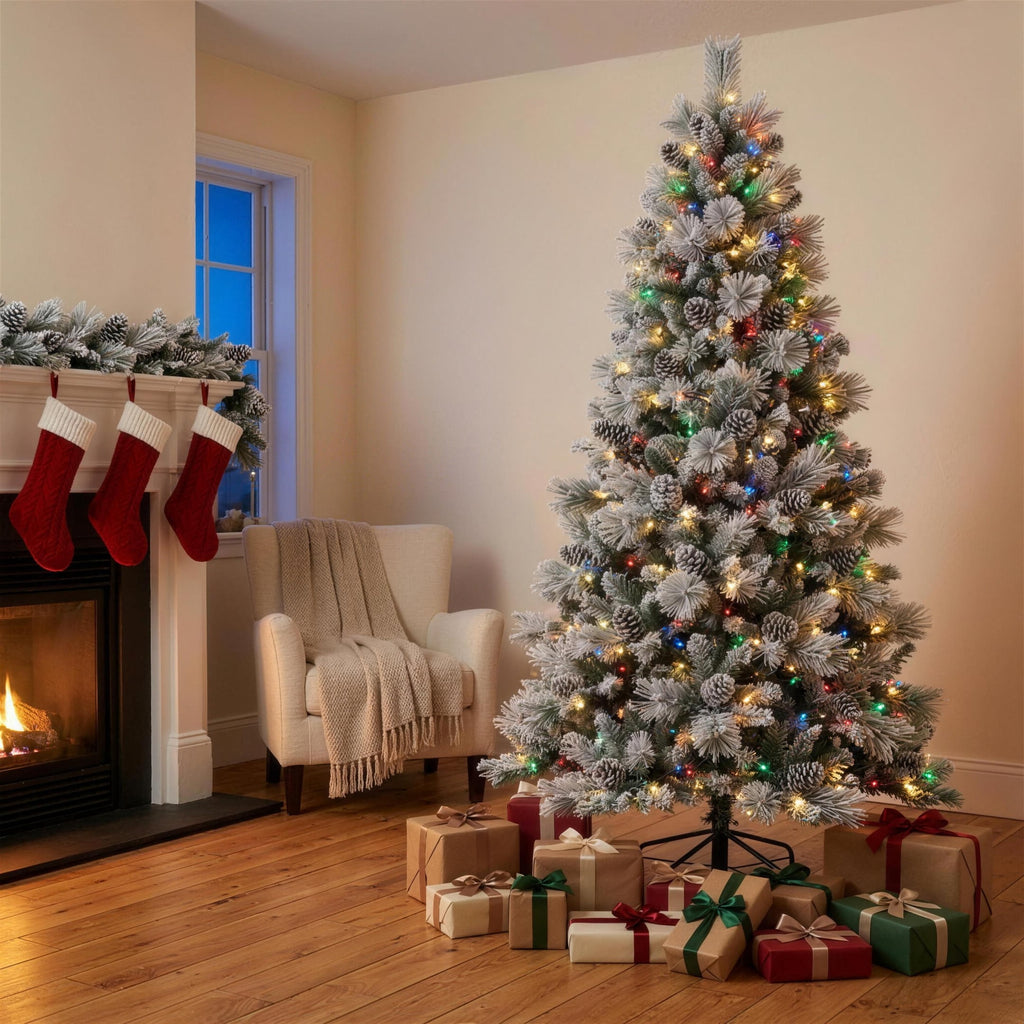 Christabelle 2.3m 7.5ft Alpine Snow Christmas Tree Pre Lit Multi Function LED Flocked Pine Cones Hinged Branches Home