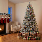Christabelle 2.3m 7.5ft Alpine Snow Christmas Tree Pre Lit Multi Function LED Flocked Pine Cones Hinged Branches Home