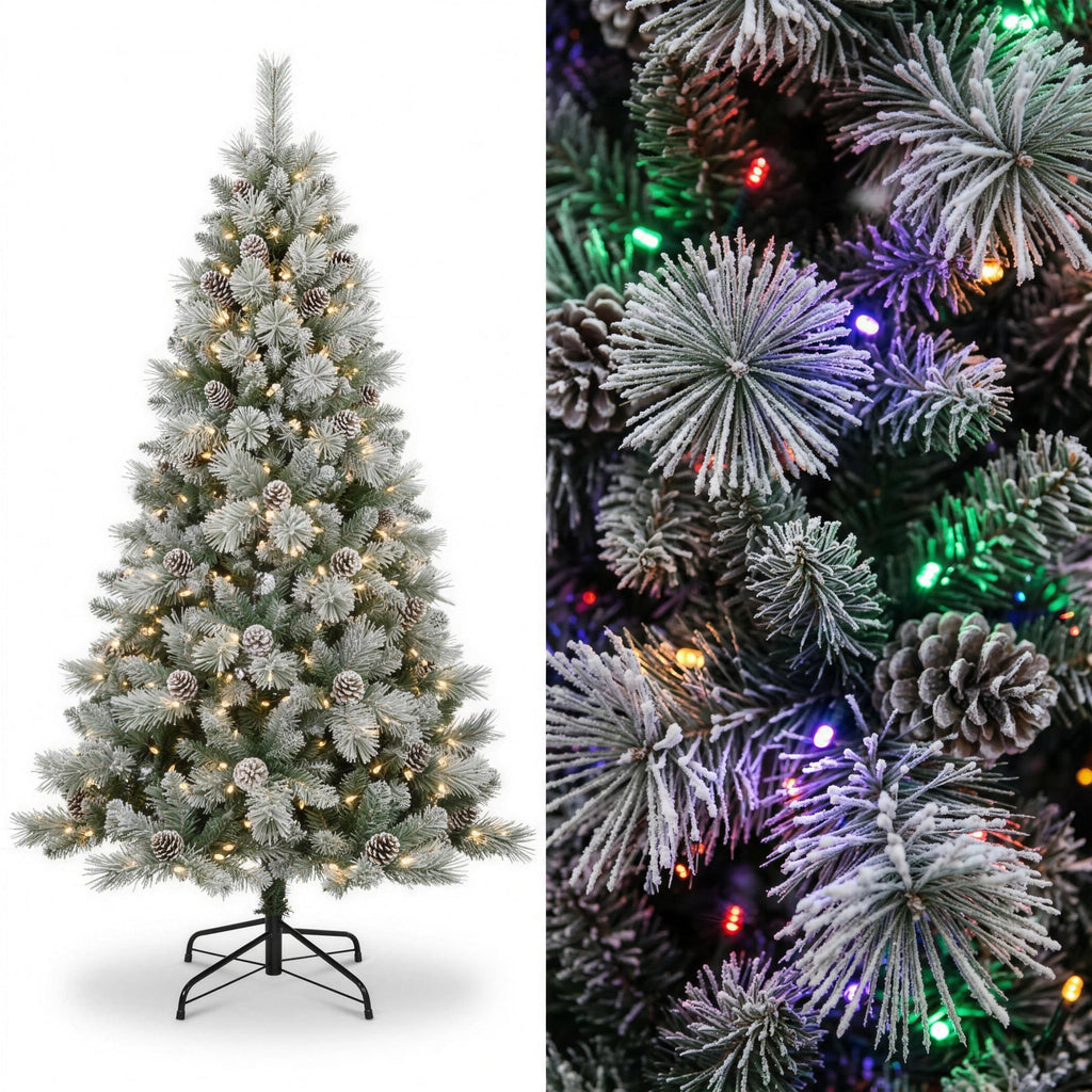 Christabelle 2.3m 7.5ft Alpine Snow Christmas Tree Pre Lit Multi Function LED Flocked Pine Cones Hinged Branches Home