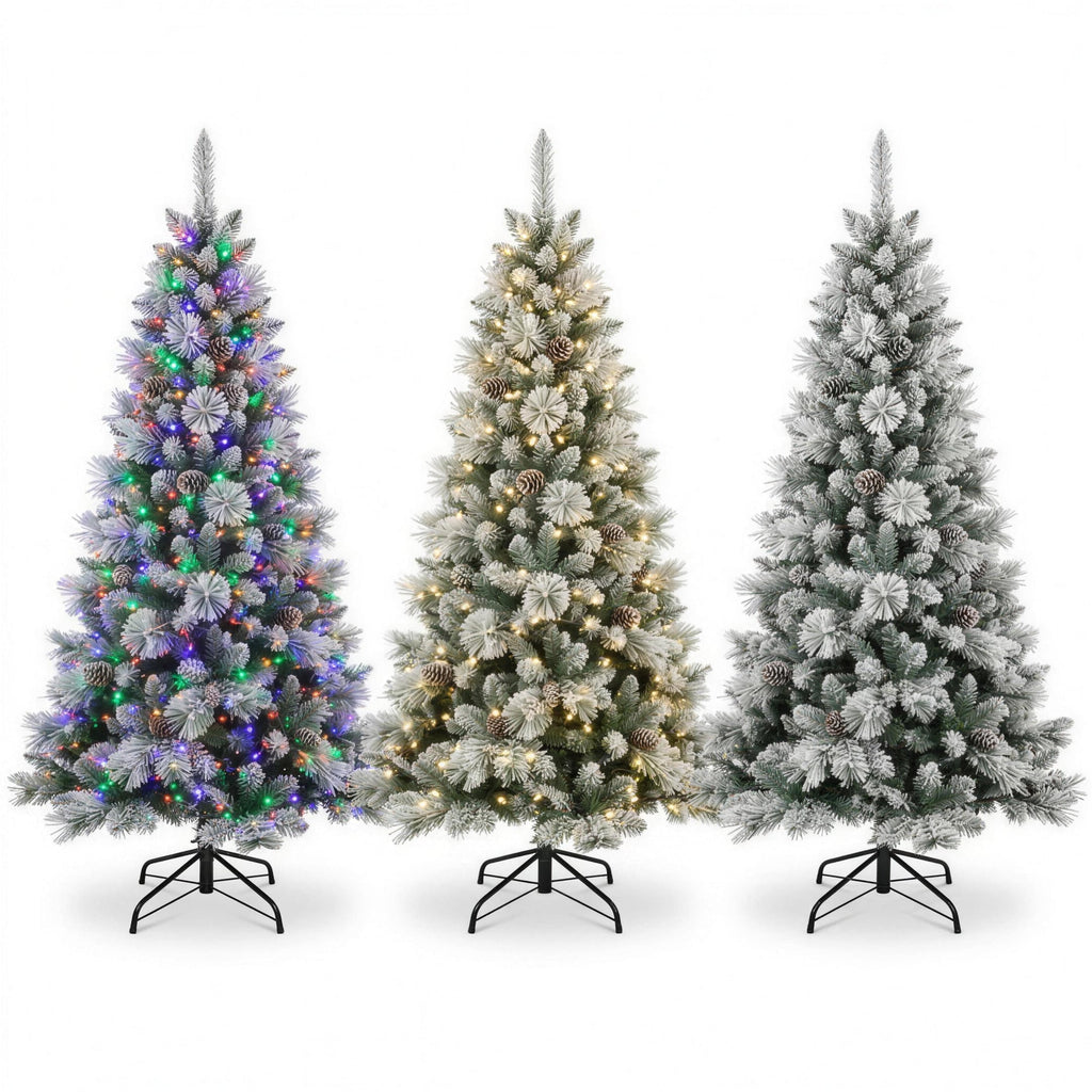 Christabelle 2.3m 7.5ft Alpine Snow Christmas Tree Pre Lit Multi Function LED Flocked Pine Cones Hinged Branches Home