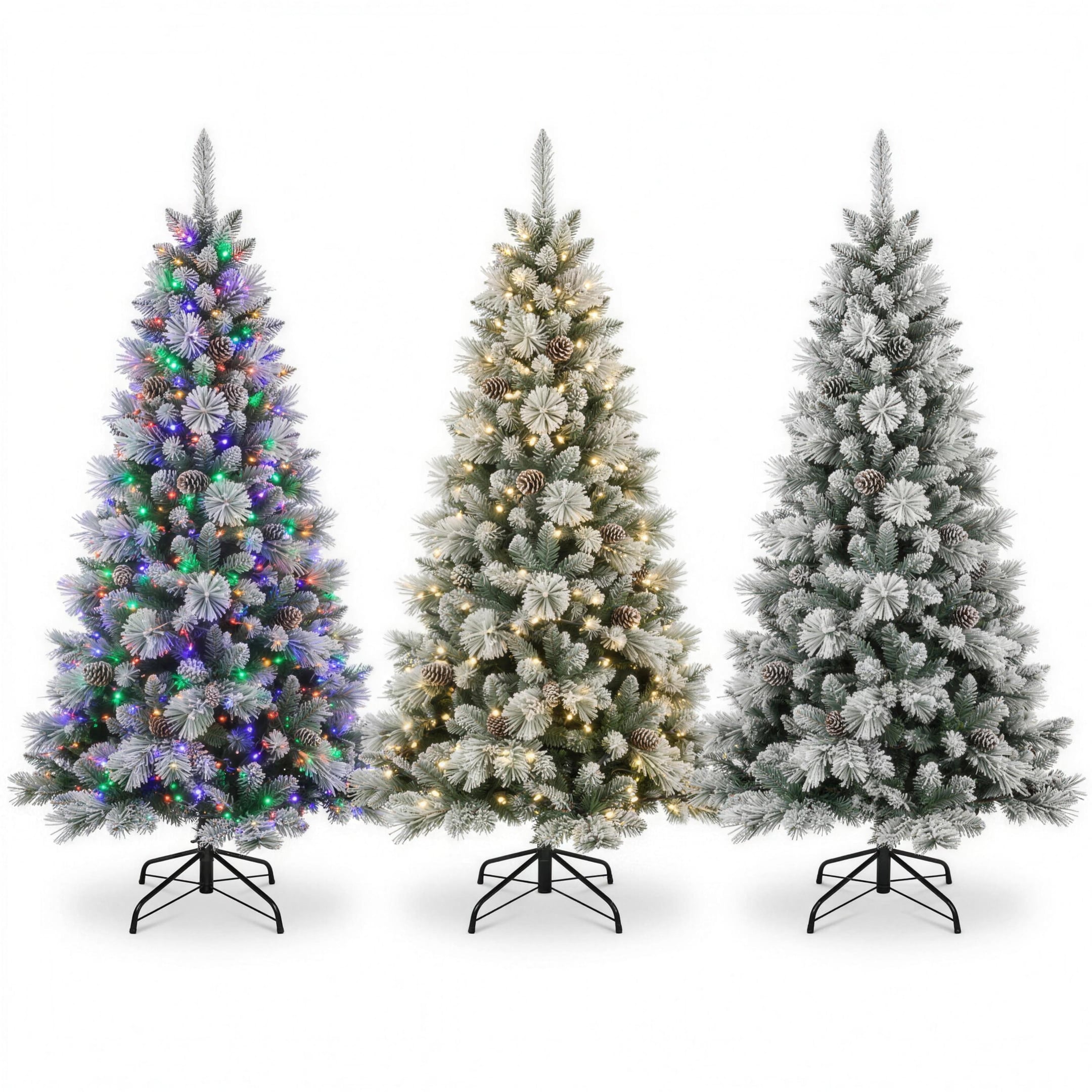 Christabelle 2.3m 7.5ft Alpine Snow Christmas Tree Pre Lit Multi Function LED Flocked Pine Cones Hinged Branches Home
