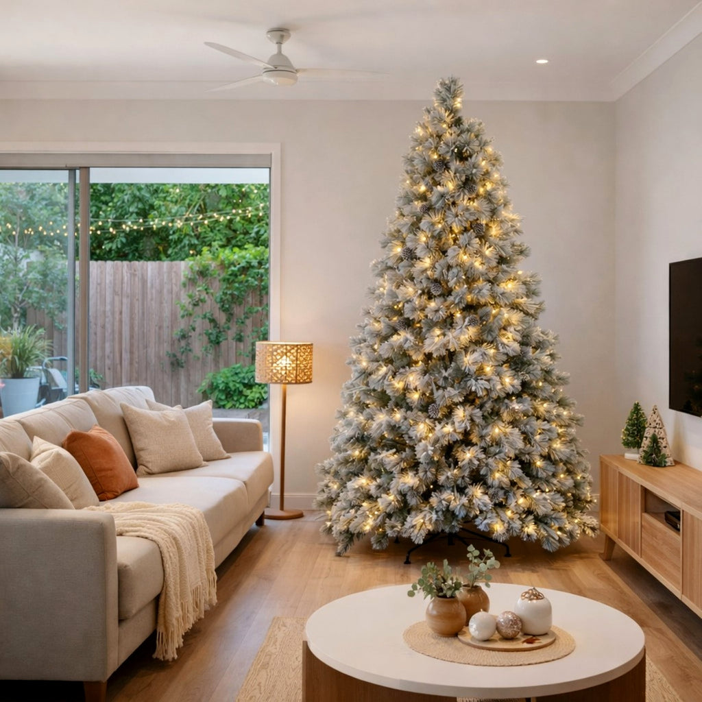 Christabelle 2.3m 7.5ft Alpine Snow Christmas Tree Pre Lit Multi Function LED Flocked Pine Cones Hinged Branches Home