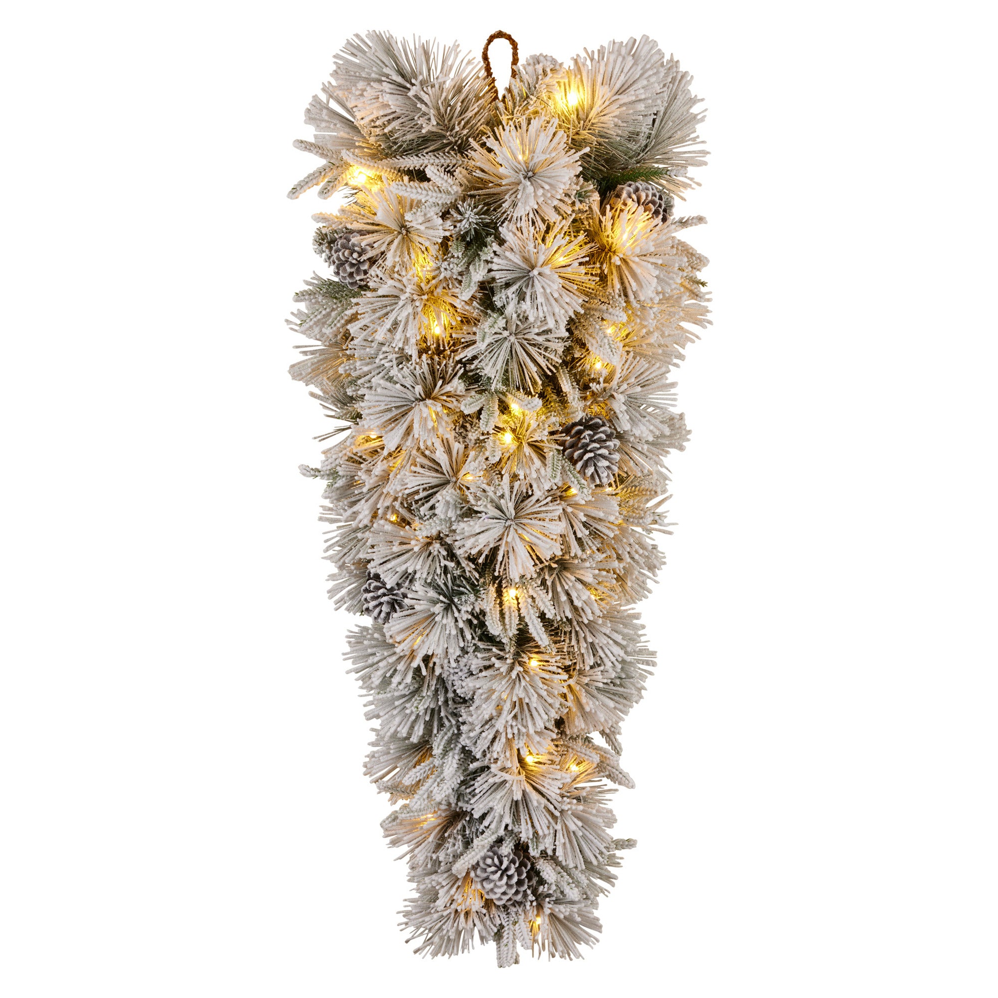 Christabelle 90cm Alpine Snow Christmas Teardrop Pre Lit Multi Function LED Timer Flocked Pine Cones Home