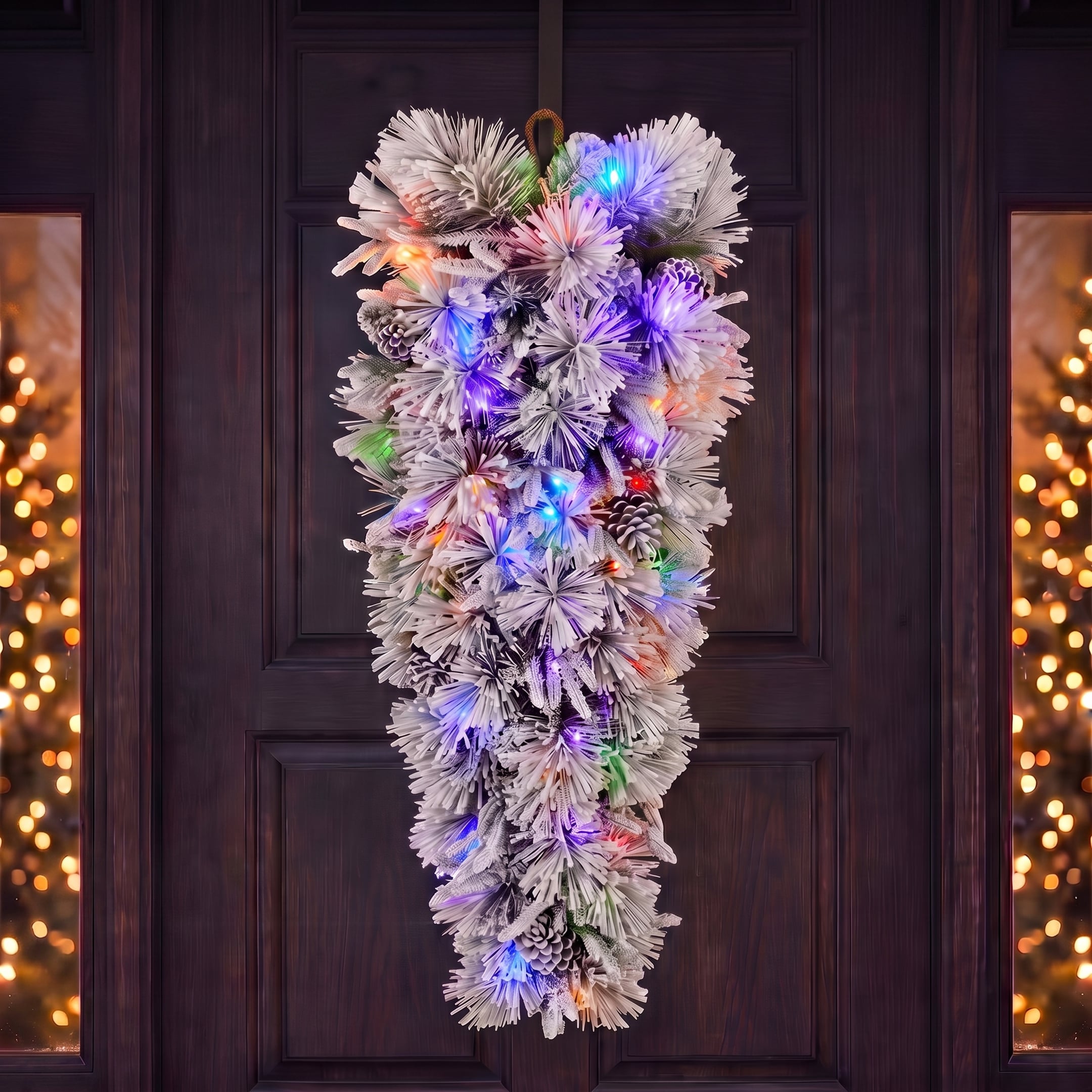 Christabelle 90cm Alpine Snow Christmas Teardrop Pre Lit Multi Function LED Timer Flocked Pine Cones Home
