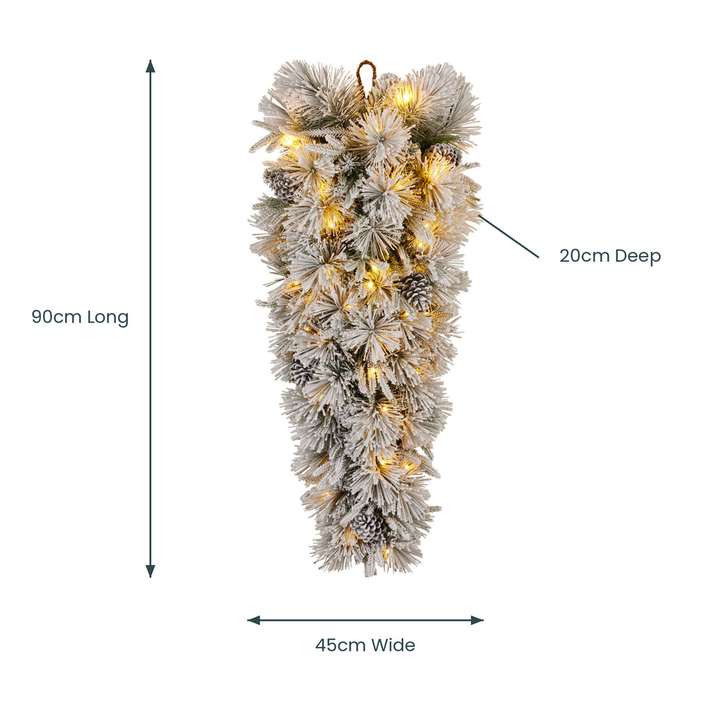Christabelle 90cm Alpine Snow Christmas Teardrop Pre Lit Multi Function LED Timer Flocked Pine Cones Home