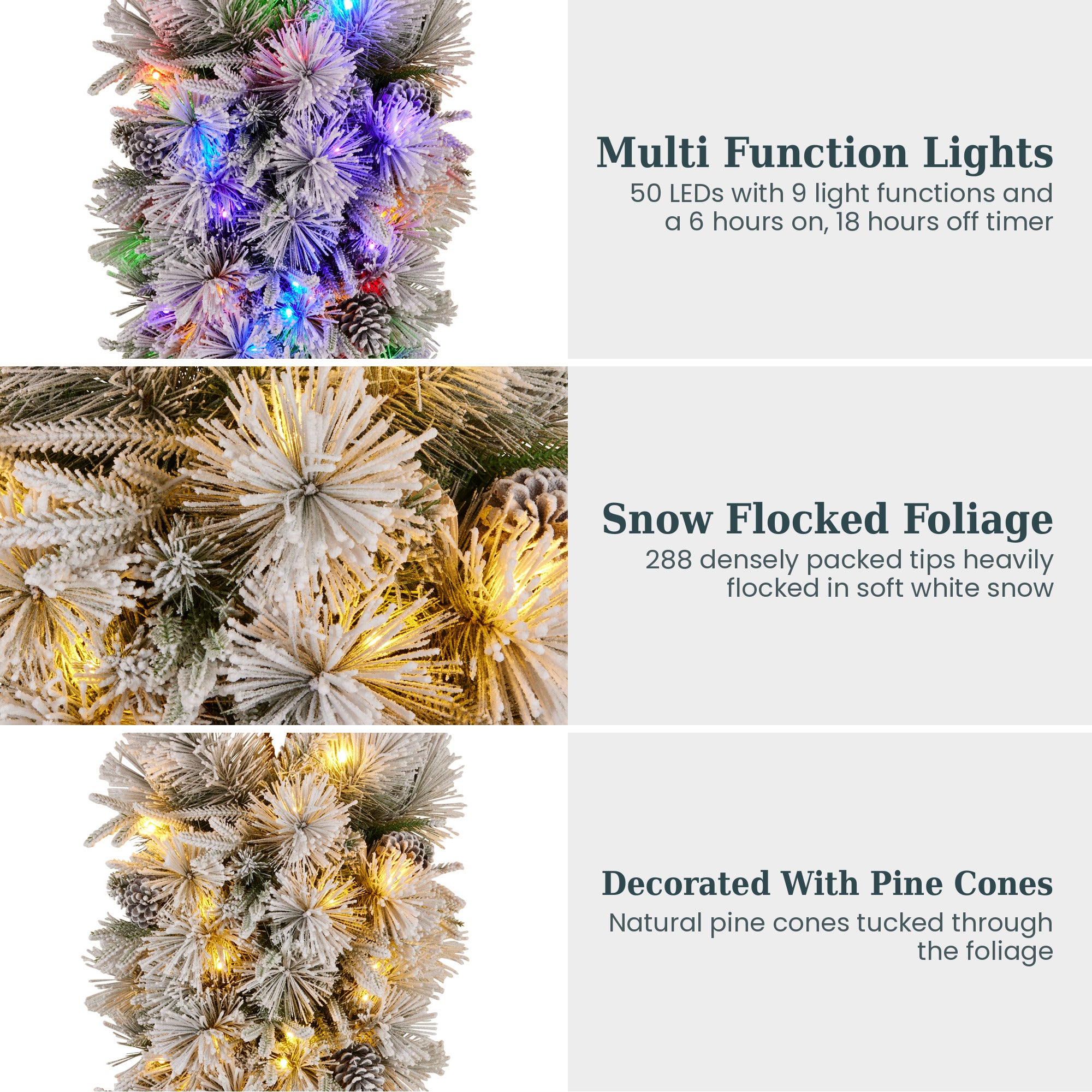 Christabelle 90cm Alpine Snow Christmas Teardrop Pre Lit Multi Function LED Timer Flocked Pine Cones Home