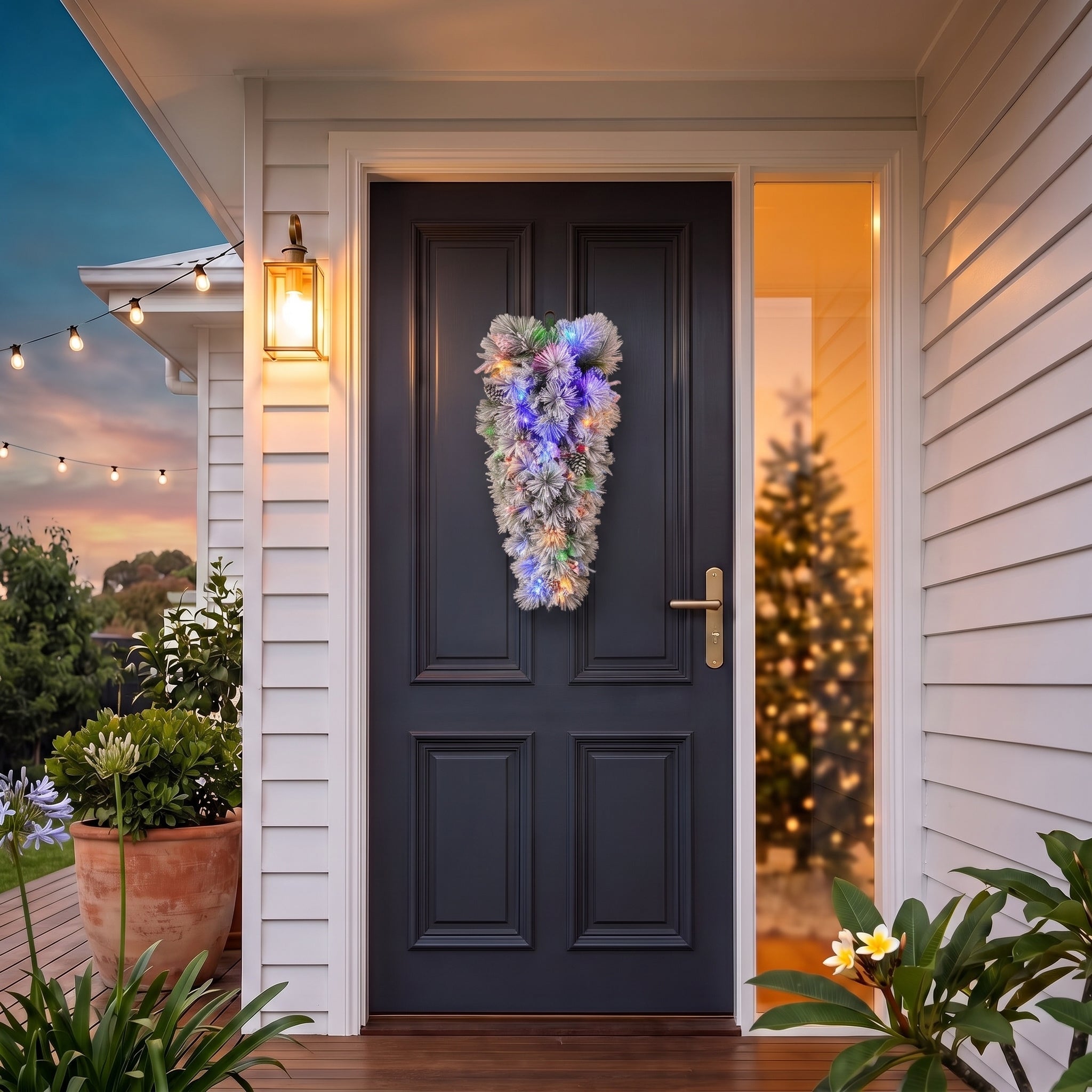 Christabelle 90cm Alpine Snow Christmas Teardrop Pre Lit Multi Function LED Timer Flocked Pine Cones Home