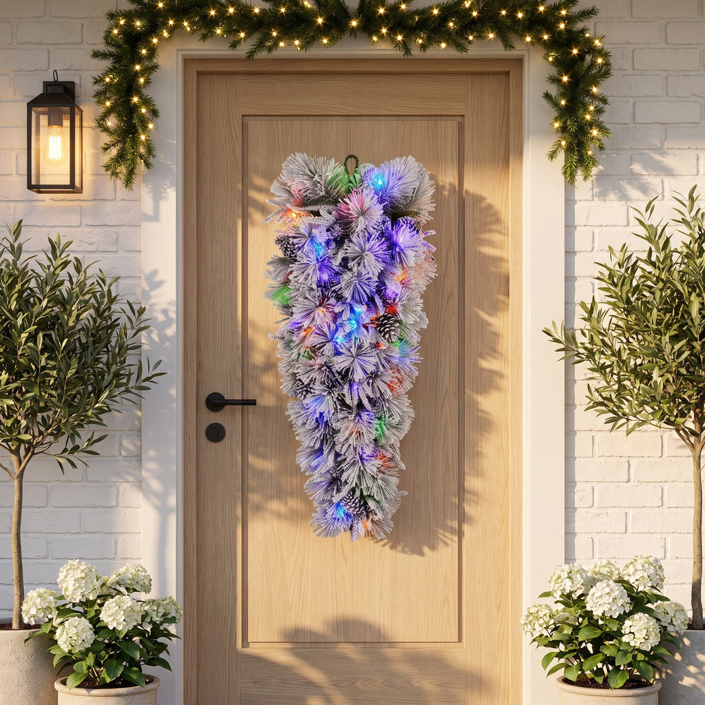 Christabelle 90cm Alpine Snow Christmas Teardrop Pre Lit Multi Function LED Timer Flocked Pine Cones Home