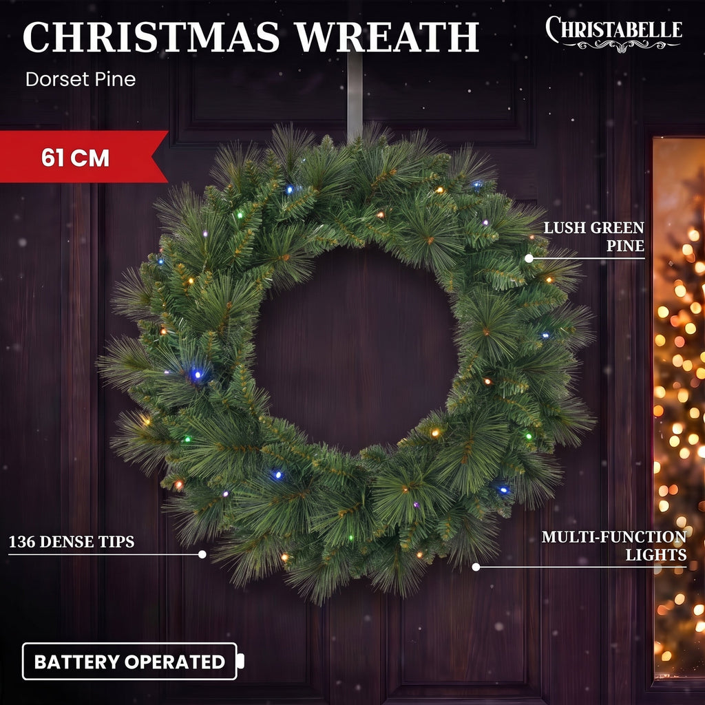 Christabelle 61cm Dorset Pine Christmas Wreath Pre Lit Multi Function LED Battery Operated Front Door Xmas Decoration Home