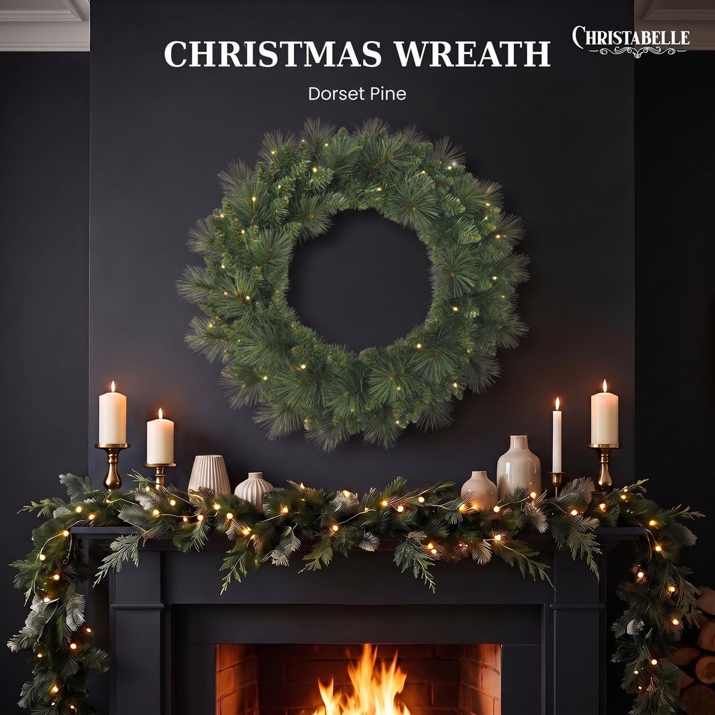 Christabelle 61cm Dorset Pine Christmas Wreath Pre Lit Multi Function LED Battery Operated Front Door Xmas Decoration Home