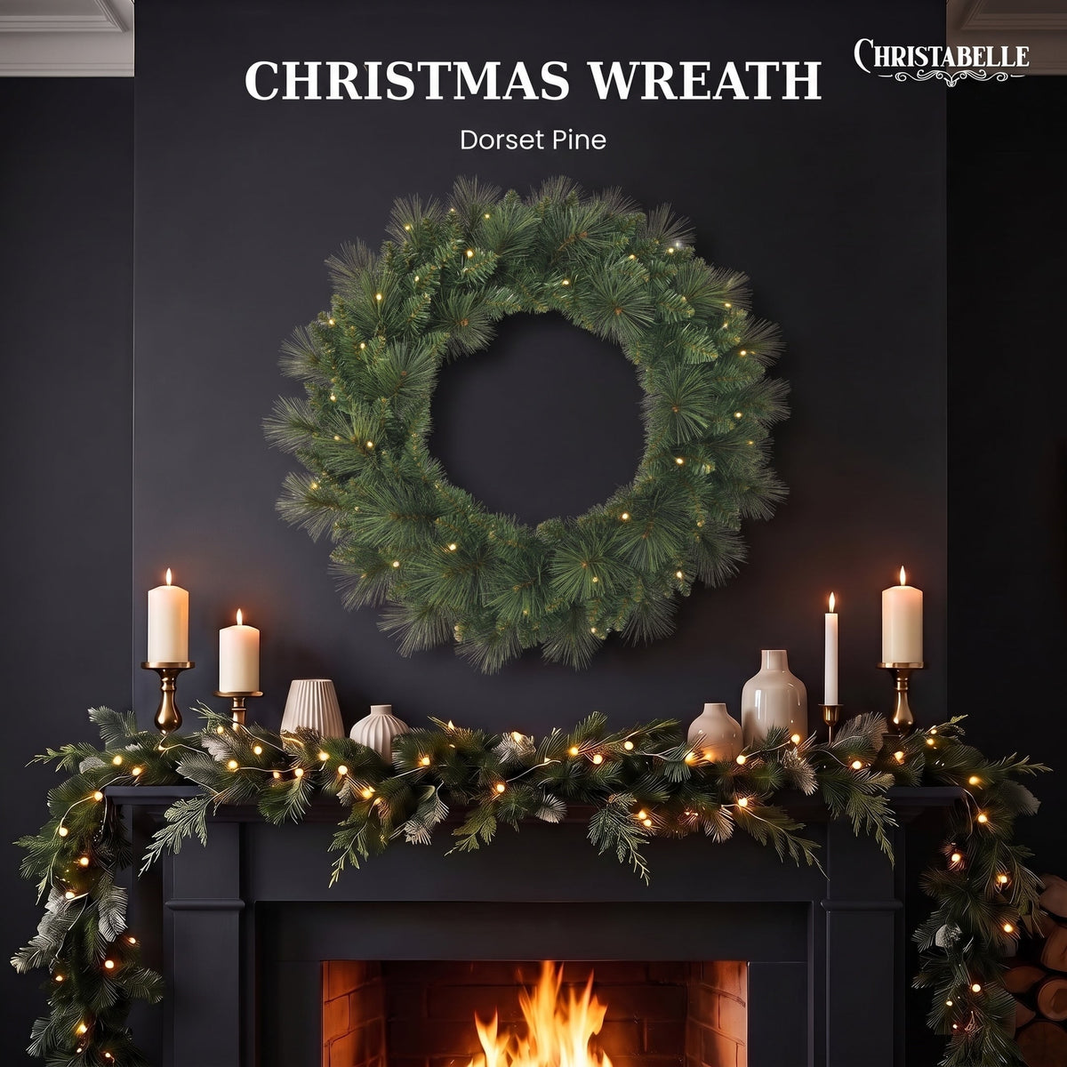 Christabelle 61cm Dorset Pine Christmas Wreath Pre Lit Multi Function LED Battery Operated Front Door Xmas Decoration Home