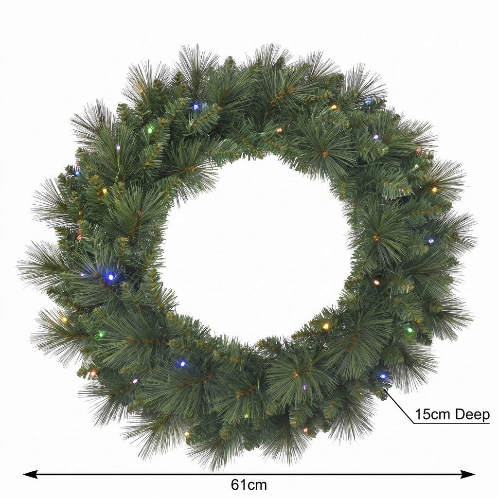 Christabelle 61cm Dorset Pine Christmas Wreath Pre Lit Multi Function LED Battery Operated Front Door Xmas Decoration Home