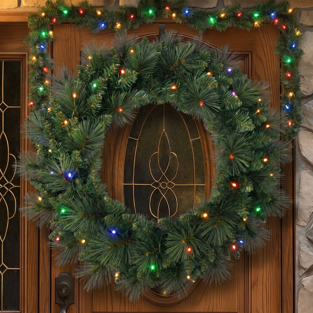 Christabelle 61cm Dorset Pine Christmas Wreath Pre Lit Multi Function LED Battery Operated Front Door Xmas Decoration Home