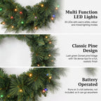 Christabelle 61cm Dorset Pine Christmas Wreath Pre Lit Multi Function LED Battery Operated Front Door Xmas Decoration Home