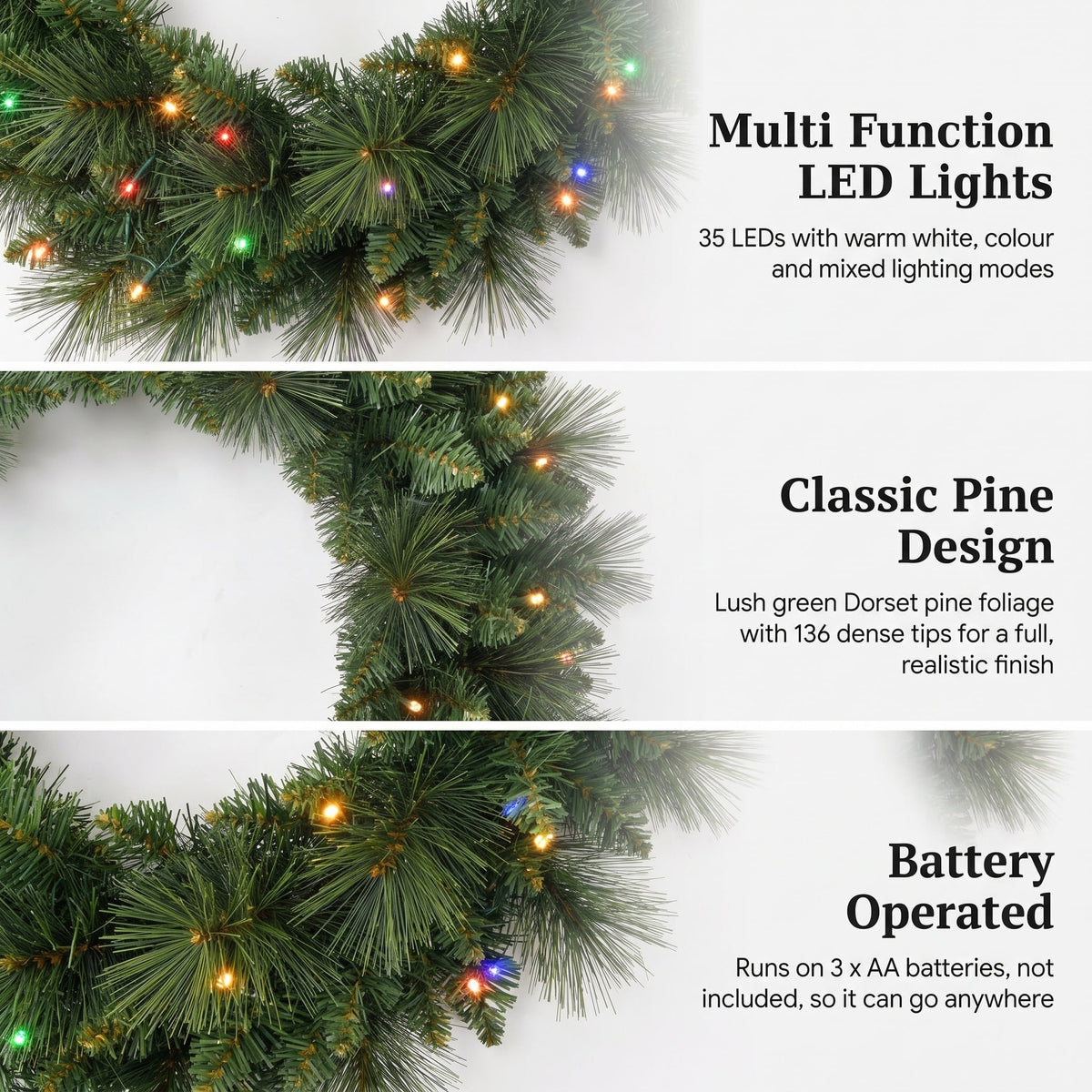 Christabelle 61cm Dorset Pine Christmas Wreath Pre Lit Multi Function LED Battery Operated Front Door Xmas Decoration Home
