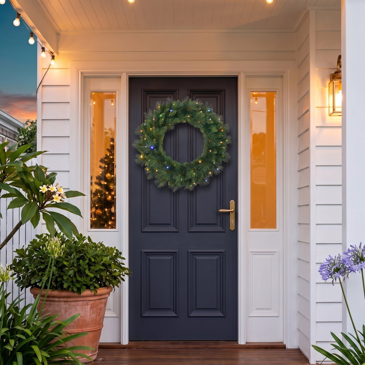 Christabelle 61cm Dorset Pine Christmas Wreath Pre Lit Multi Function LED Battery Operated Front Door Xmas Decoration Home