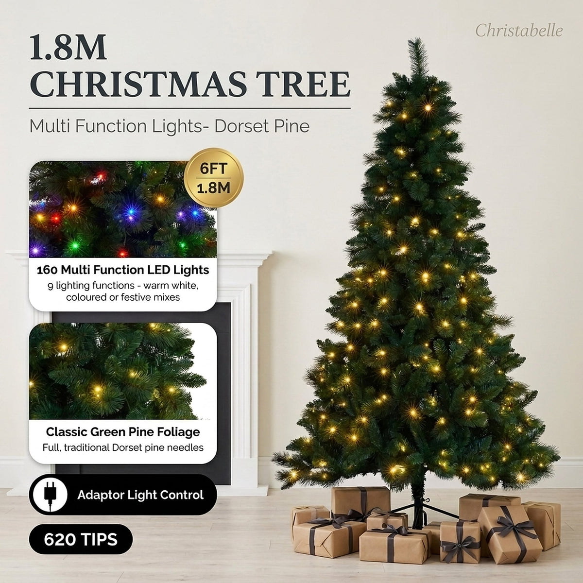 Christabelle 1.8m 6ft Pre-Lit Green Artificial Christmas Tree Dorset Pine 160 Multi-Function LEDs & Metal Stand