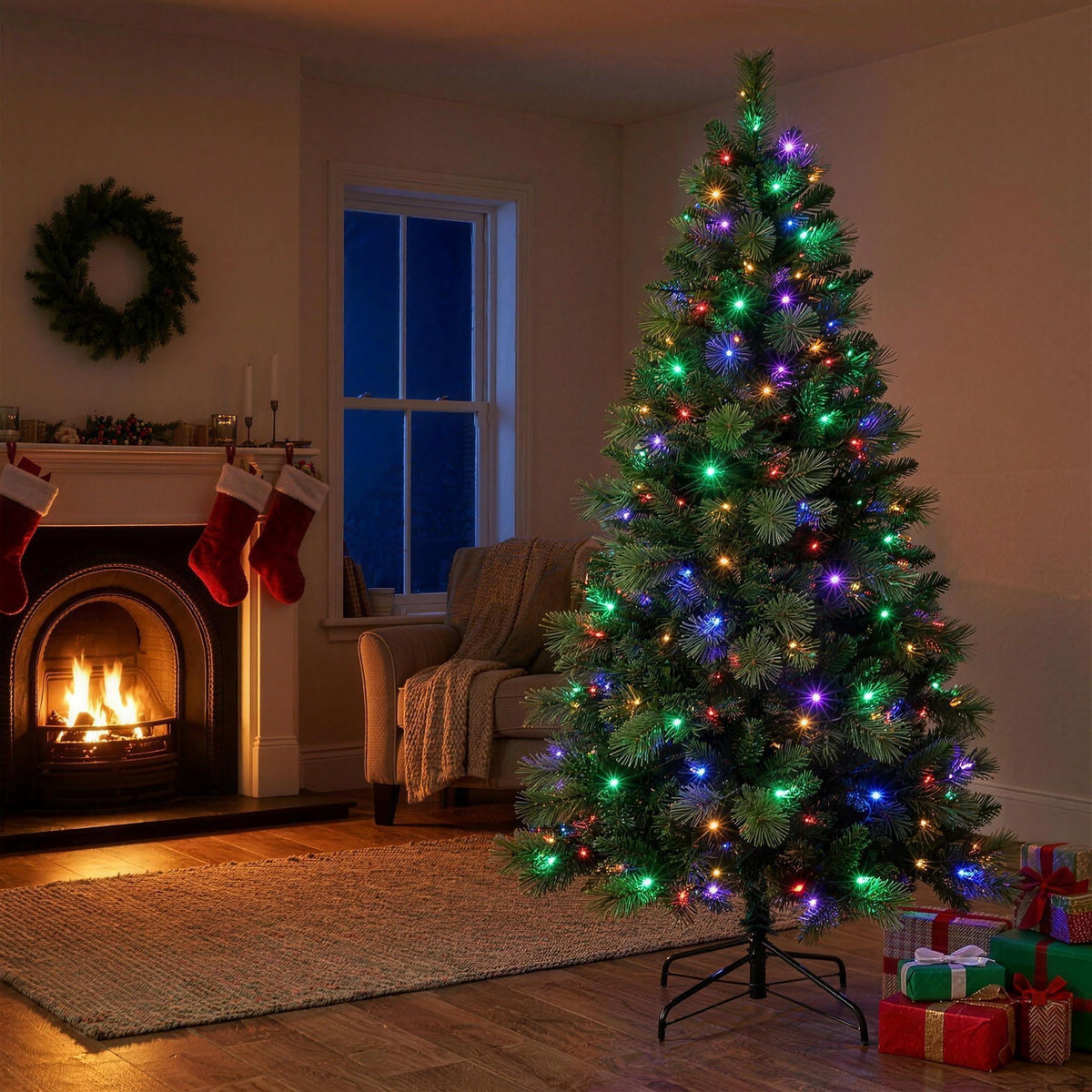 Christabelle 1.8m 6ft Pre-Lit Green Artificial Christmas Tree Dorset Pine 160 Multi-Function LEDs & Metal Stand