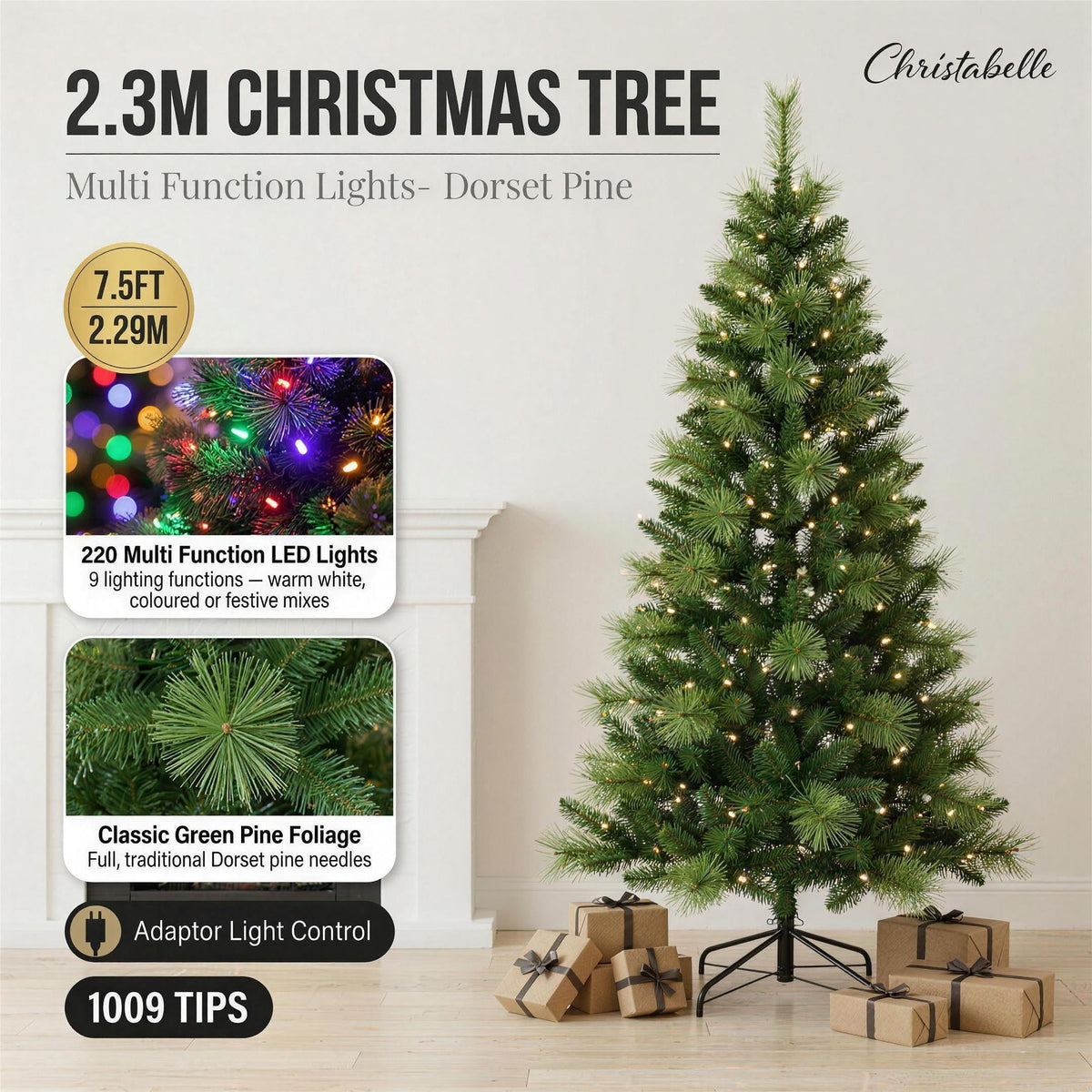 Christabelle 7.5ft 2.3m Dorset Pine Green Pre-Lit Artificial Christmas Tree, 220 Multi-Function LEDs & Metal Stand