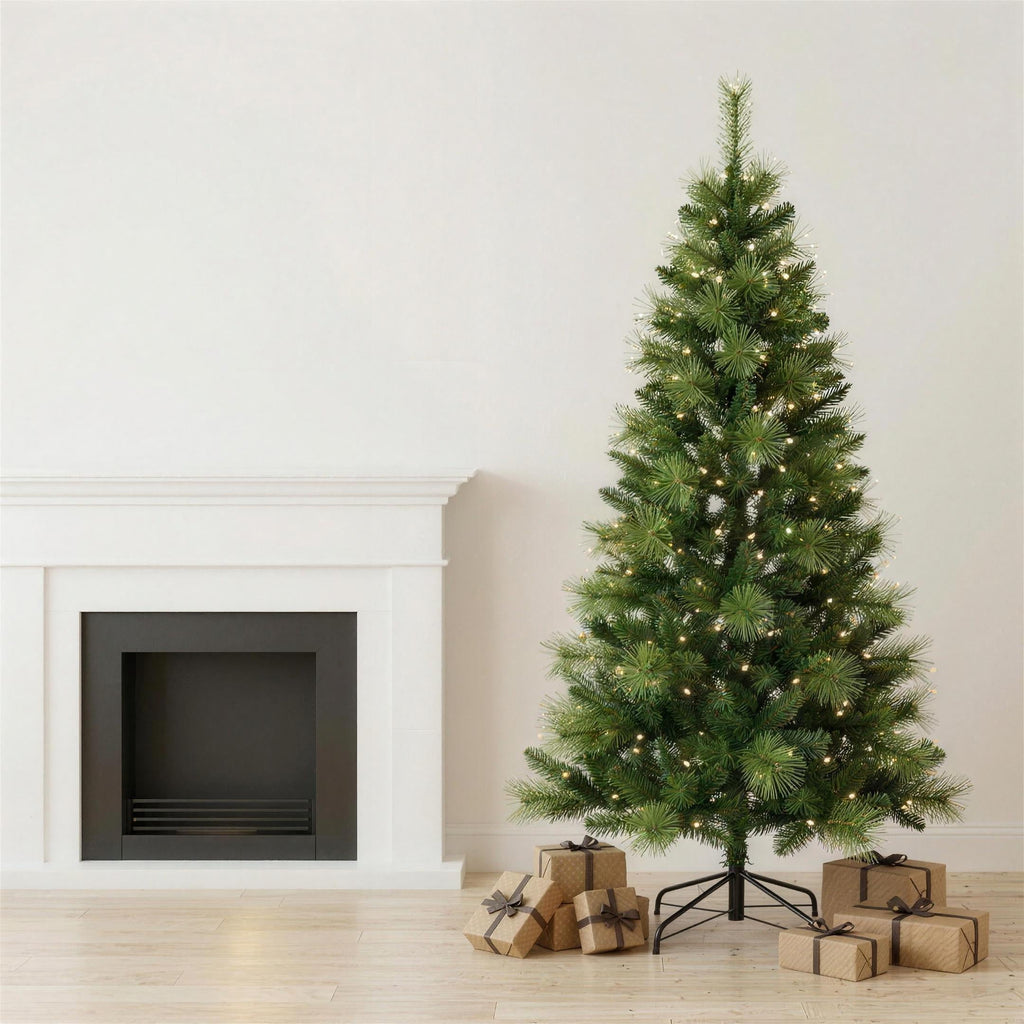 Christabelle 7.5ft 2.3m Dorset Pine Green Pre-Lit Artificial Christmas Tree, 220 Multi-Function LEDs & Metal Stand