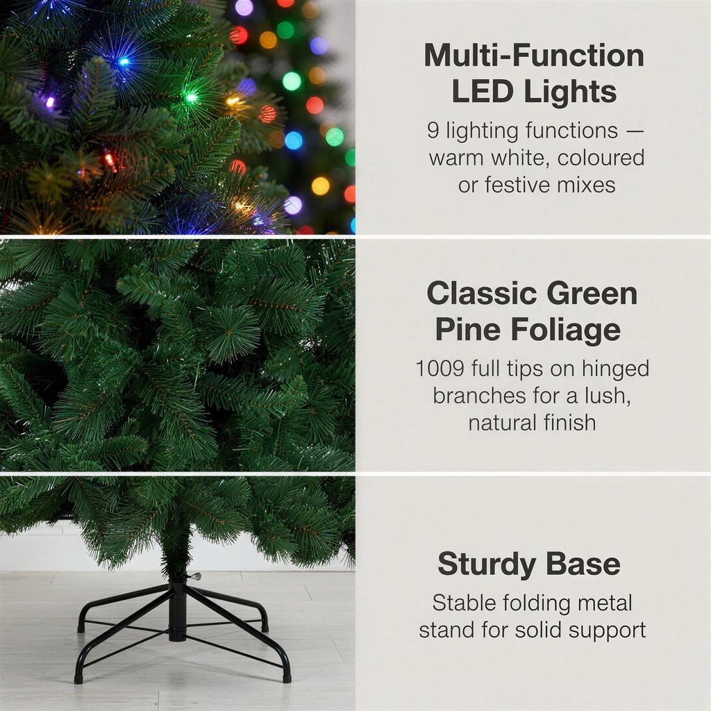 Christabelle 7.5ft 2.3m Dorset Pine Green Pre-Lit Artificial Christmas Tree, 220 Multi-Function LEDs & Metal Stand