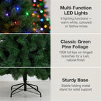 Christabelle 7.5ft 2.3m Dorset Pine Green Pre-Lit Artificial Christmas Tree, 220 Multi-Function LEDs & Metal Stand