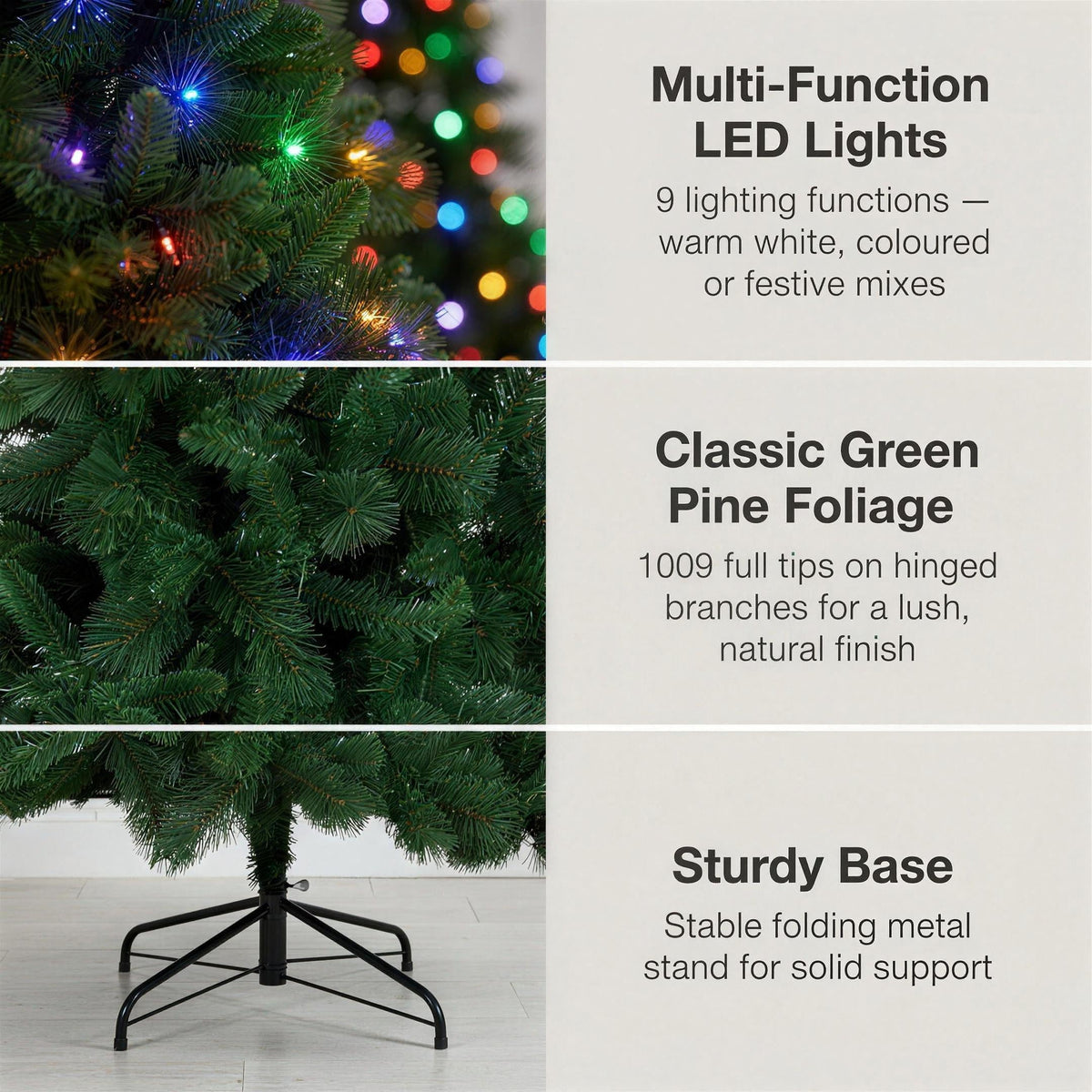 Christabelle 7.5ft 2.3m Dorset Pine Green Pre-Lit Artificial Christmas Tree, 220 Multi-Function LEDs & Metal Stand