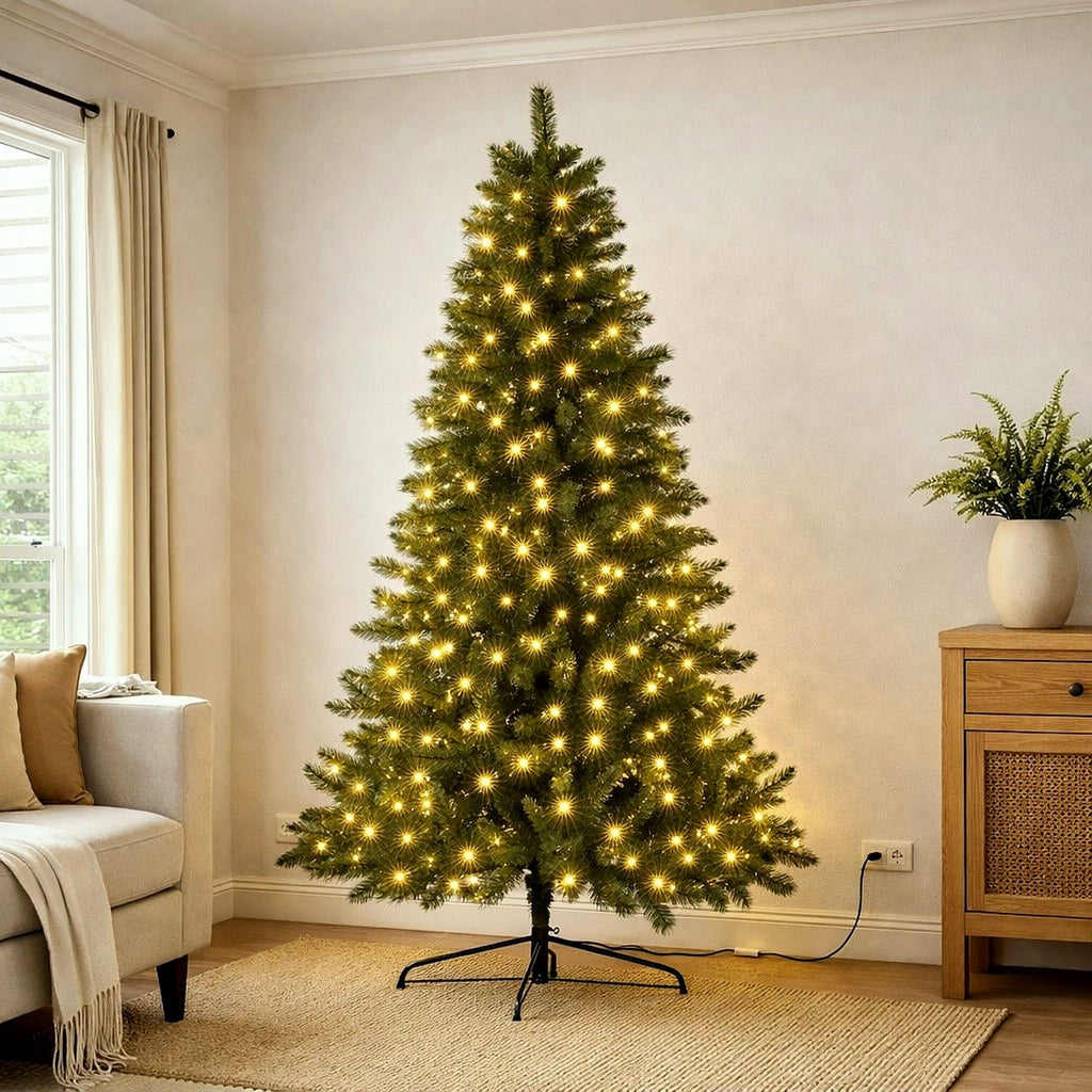 Christabelle 7.5ft 2.3m Dorset Pine Green Pre-Lit Artificial Christmas Tree, 220 Multi-Function LEDs & Metal Stand