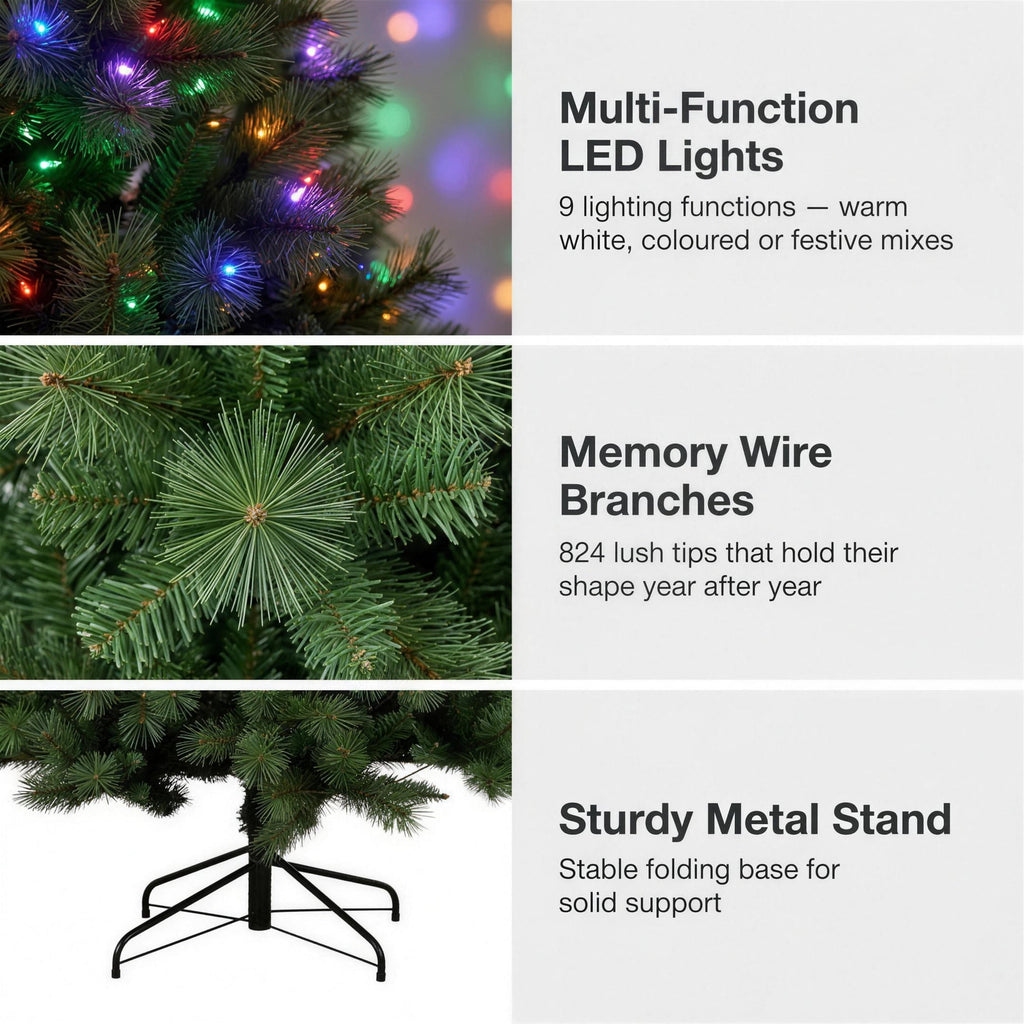 Christabelle 1.8m 6ft Grand Sierra Christmas Tree Pre Lit Multi Function LED Memory Wire Artificial Indoor Xmas Decor