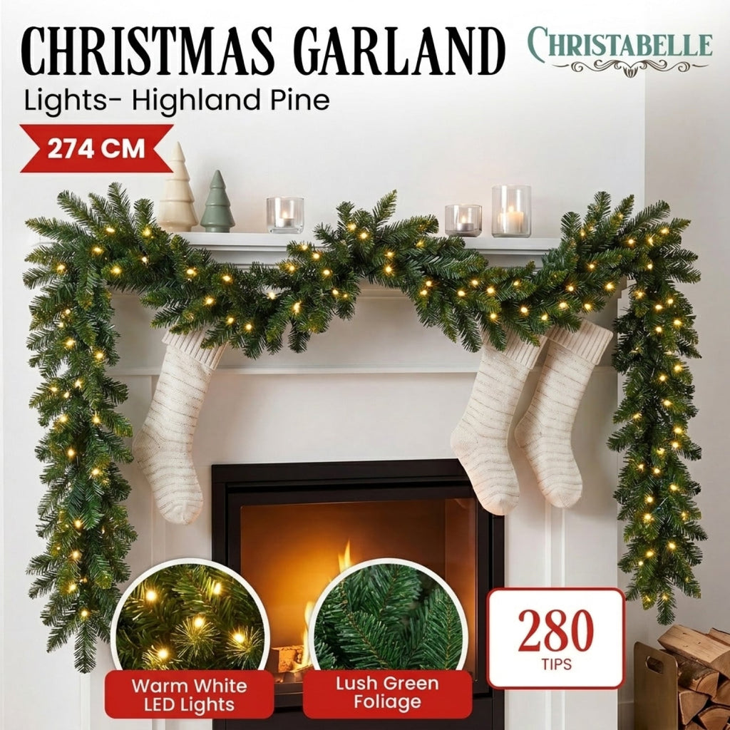 Christabelle 2.74m Highland Pine Christmas Garland Pre Lit Warm White LED Mantel Staircase Xmas Decoration Home