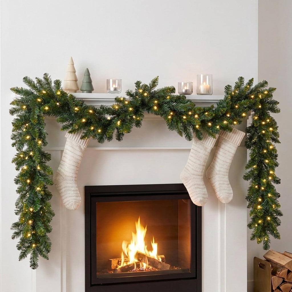 Christabelle 2.74m Highland Pine Christmas Garland Pre Lit Warm White LED Mantel Staircase Xmas Decoration Home
