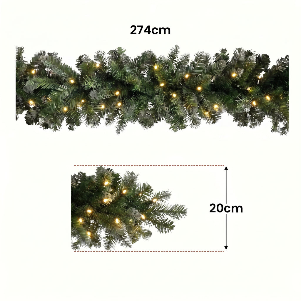 Christabelle 2.74m Highland Pine Christmas Garland Pre Lit Warm White LED Mantel Staircase Xmas Decoration Home