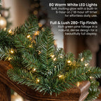 Christabelle 2.74m Highland Pine Christmas Garland Pre Lit Warm White LED Mantel Staircase Xmas Decoration Home