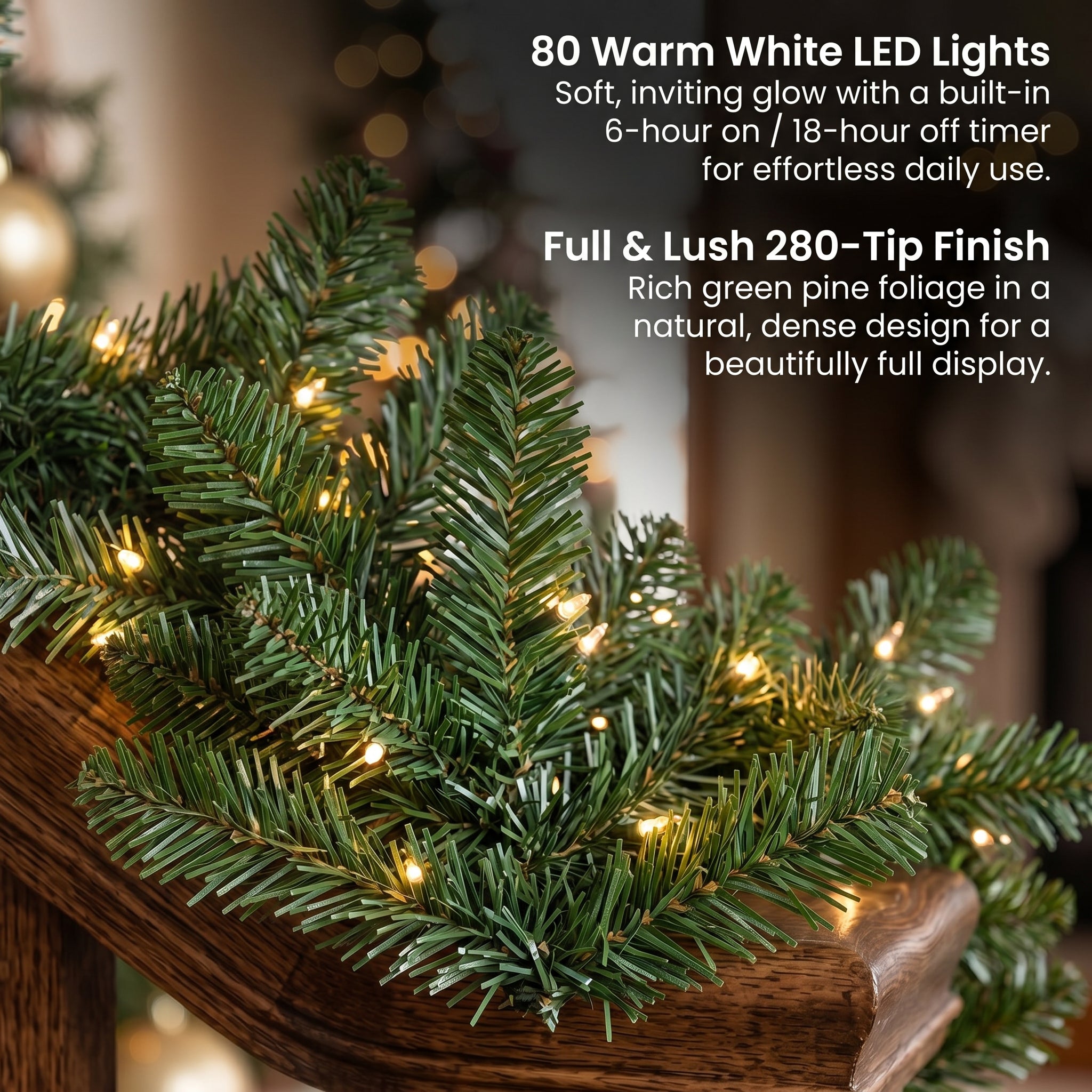 Christabelle 2.74m Highland Pine Christmas Garland Pre Lit Warm White LED Mantel Staircase Xmas Decoration Home