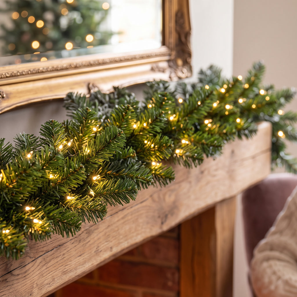 Christabelle 2.74m Highland Pine Christmas Garland Pre Lit Warm White LED Mantel Staircase Xmas Decoration Home