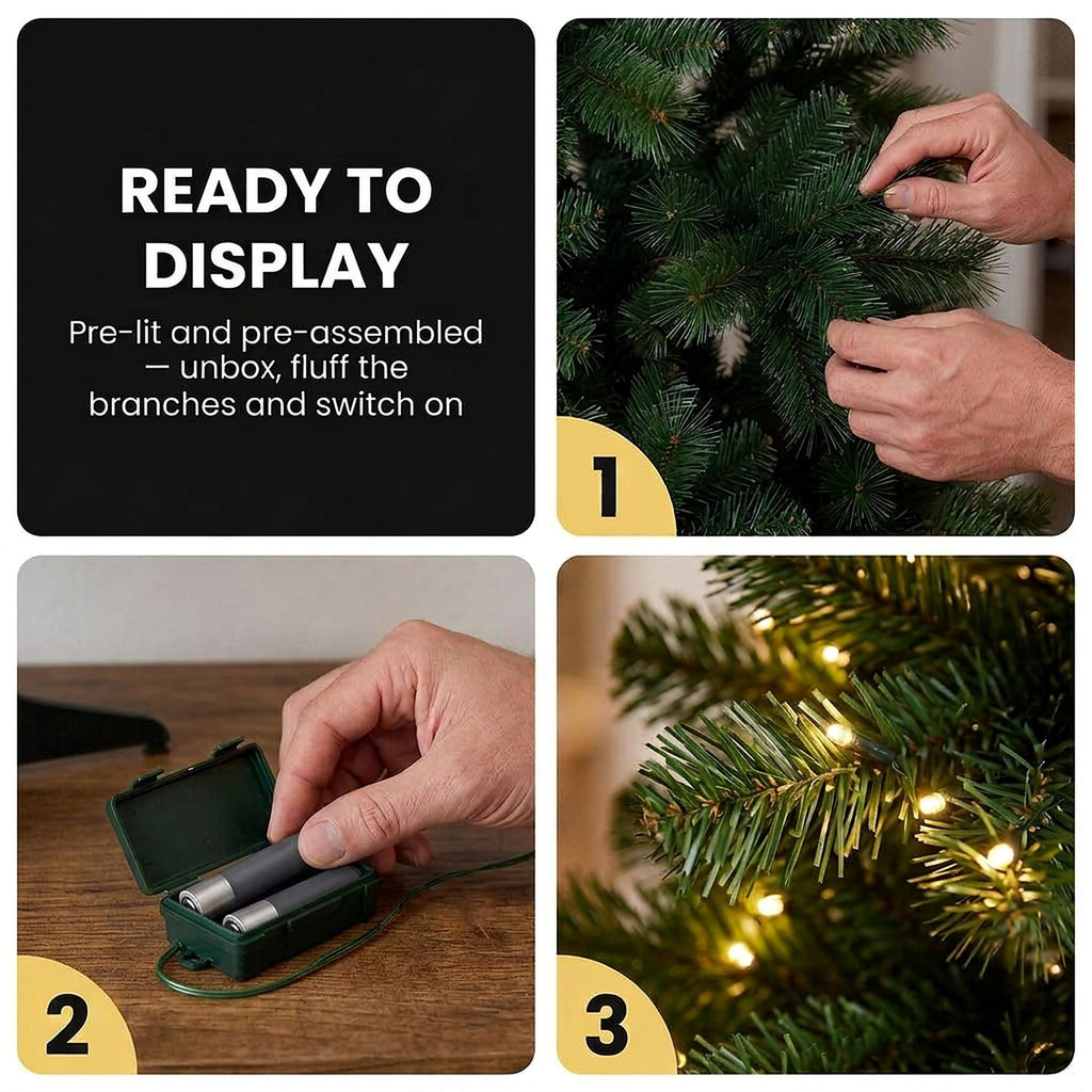 Christabelle 61cm 2ft Highland Pine Christmas Tree Pre Lit Warm White LED Timer Tabletop Artificial Indoor Xmas Decor