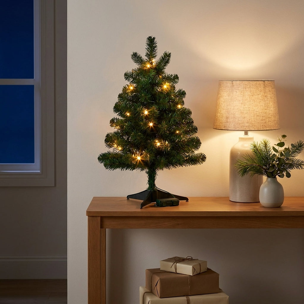 Christabelle 61cm 2ft Highland Pine Christmas Tree Pre Lit Warm White LED Timer Tabletop Artificial Indoor Xmas Decor
