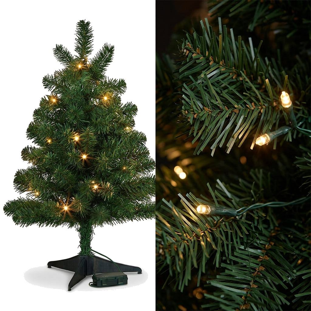 Christabelle 61cm 2ft Highland Pine Christmas Tree Pre Lit Warm White LED Timer Tabletop Artificial Indoor Xmas Decor